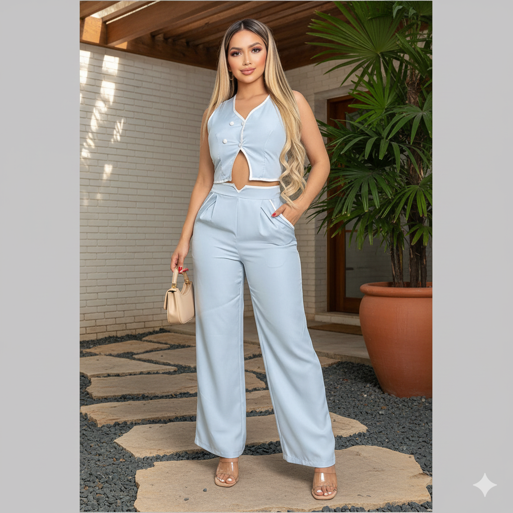 Conjunto elegante de dos piezas para mujer con top abotonado y pantalón recto