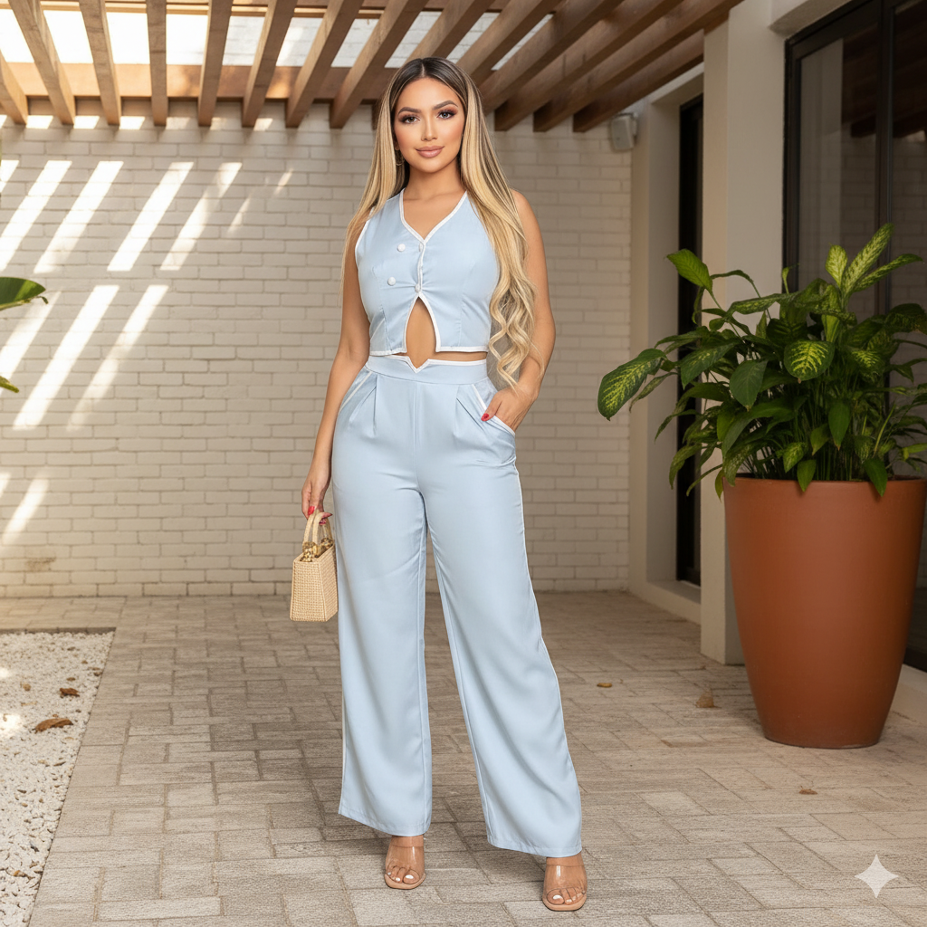 Conjunto elegante de dos piezas para mujer con top abotonado y pantalón recto
