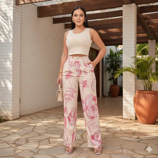 Conjunto dos piezas con crop top y pantalón estampado para mujer
