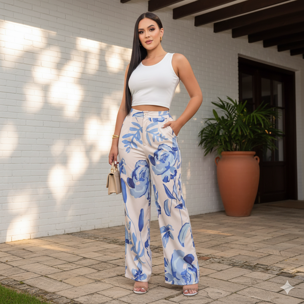 Conjunto dos piezas con crop top y pantalón estampado para mujer