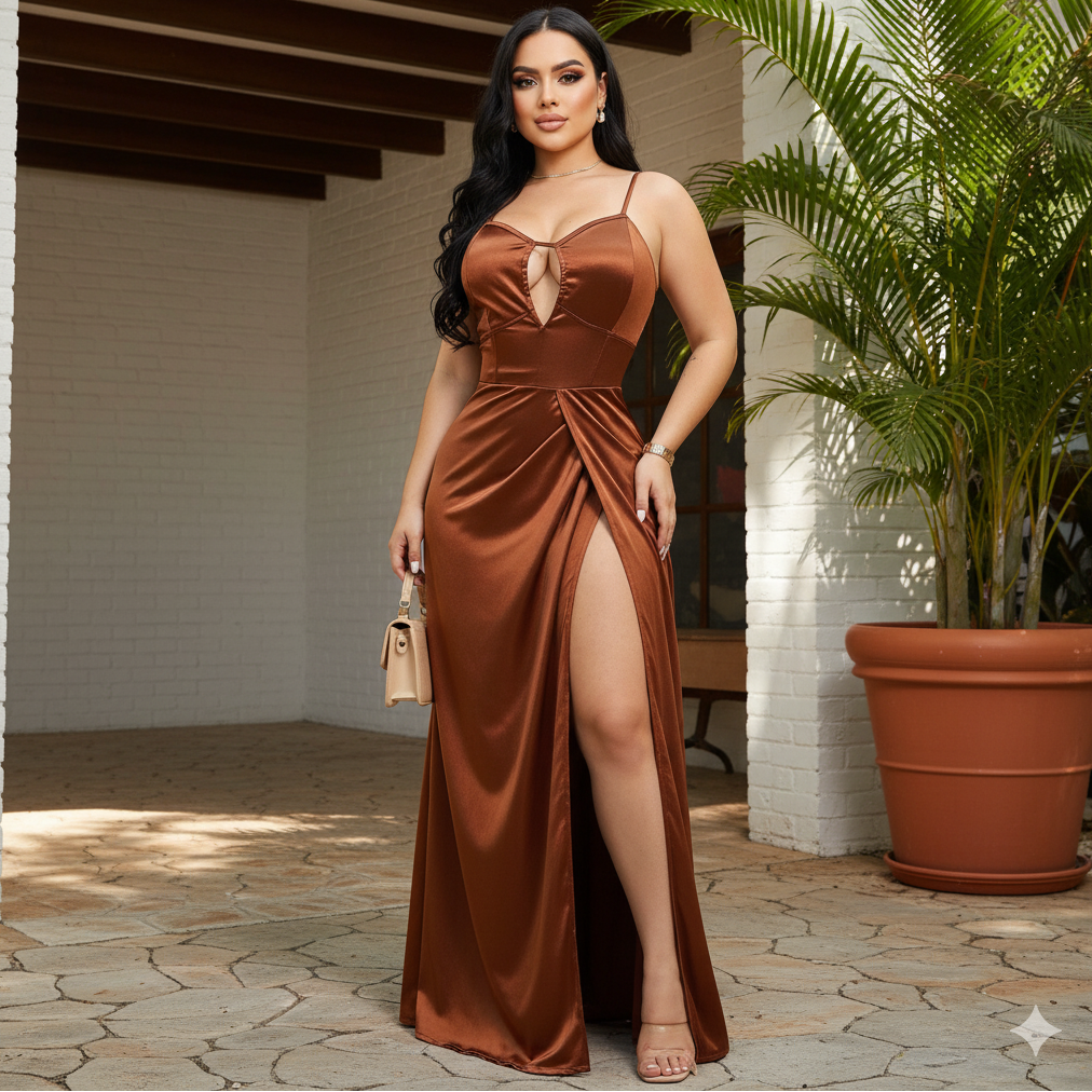 Vestido largo con abertura lateral y escote corazón