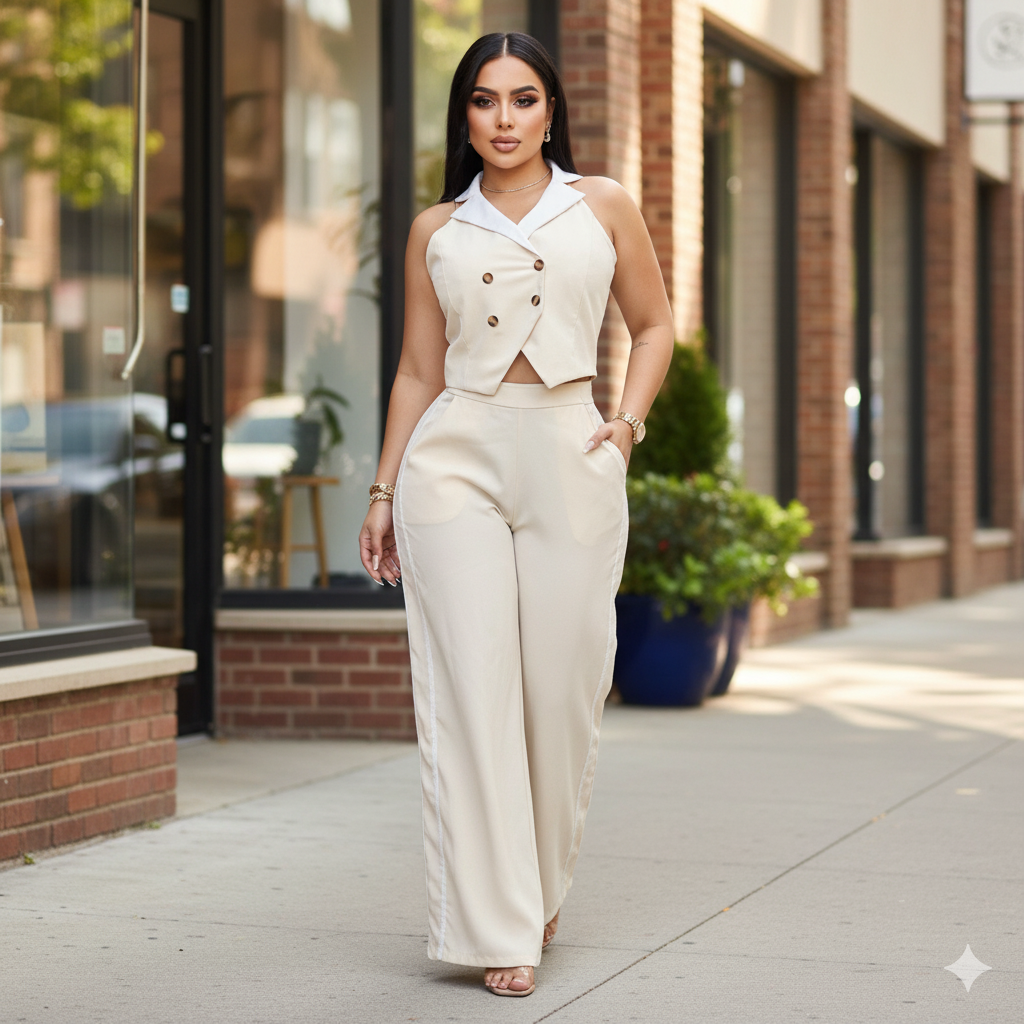 Conjunto elegante de chaleco y pantalón amplio