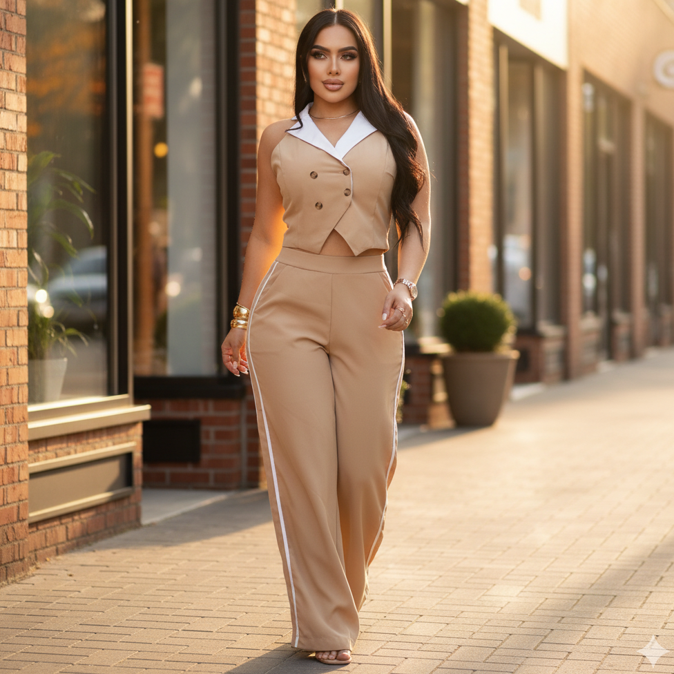 Conjunto elegante de chaleco y pantalón amplio