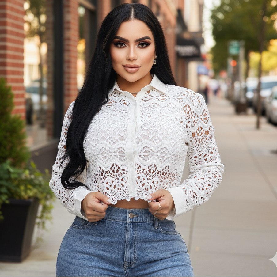 Blusa de encaje crop top manga larga para mujer elegancia casual