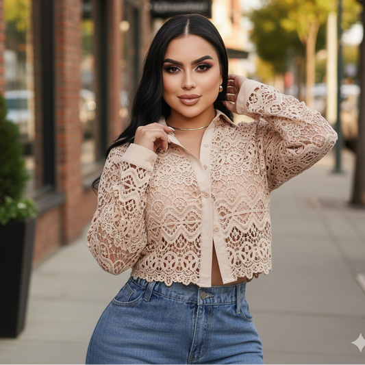 Blusa de encaje crop top manga larga para mujer elegancia casual
