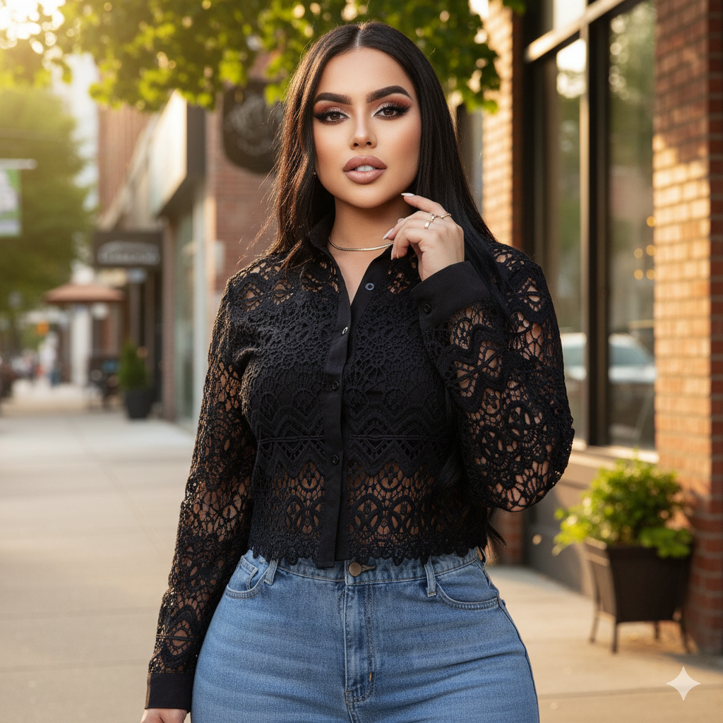 Blusa de encaje crop top manga larga para mujer elegancia casual