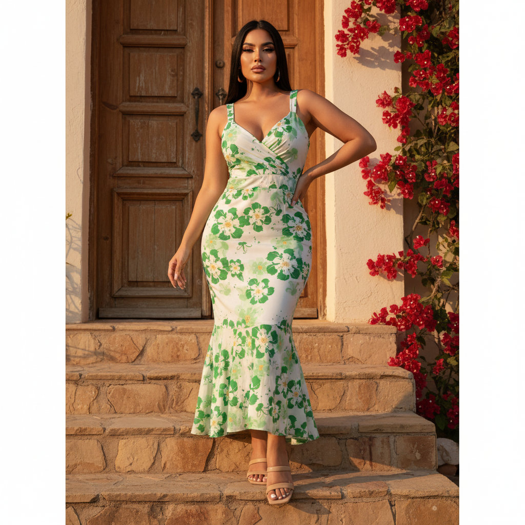 Vestido midi ajustado con tirantes y vuelo inferior