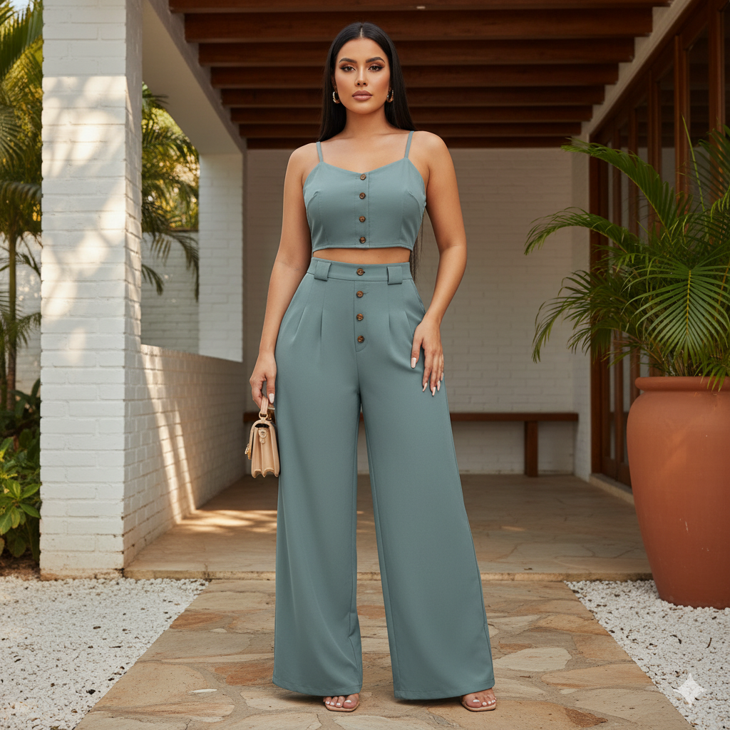 Conjunto Palazzo con Top de Botones