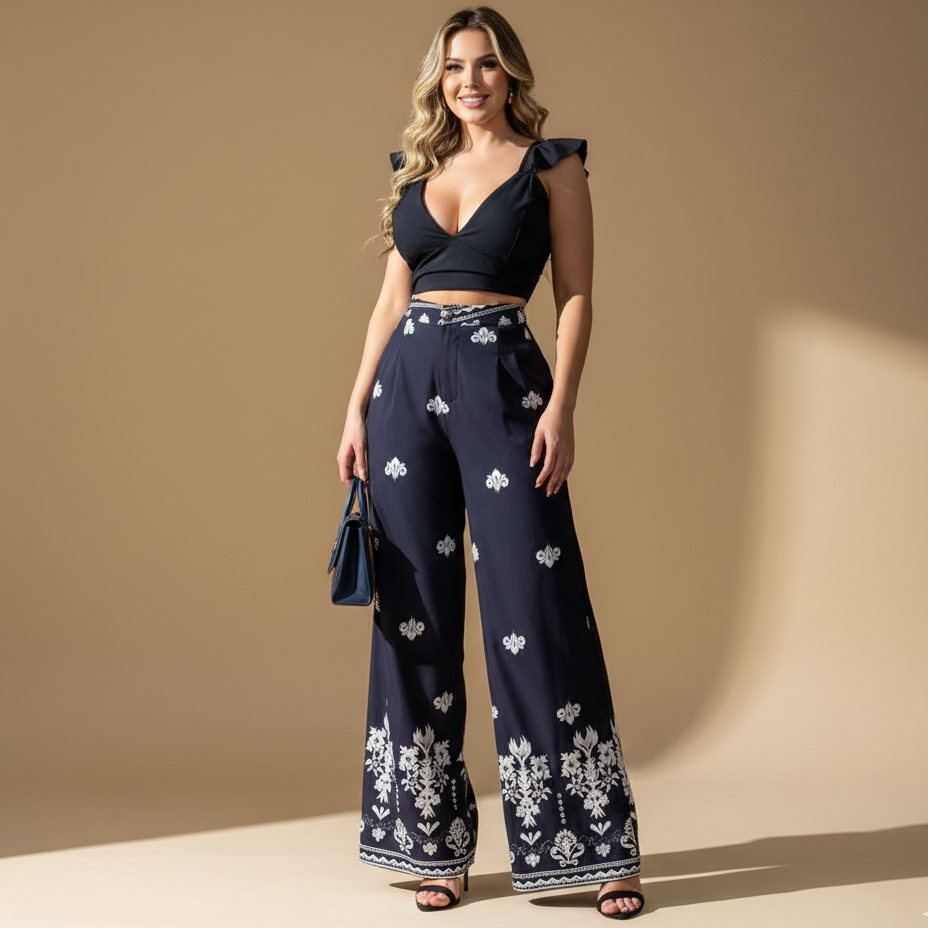 Set de top corto con tirantes decorativos y pantalón largo