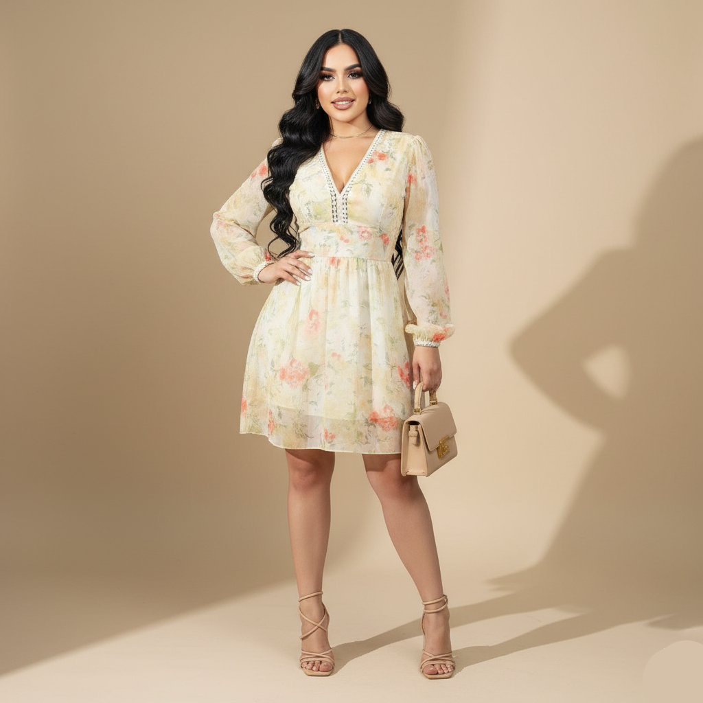 Vestido corto floral manga larga mujer elegante casual