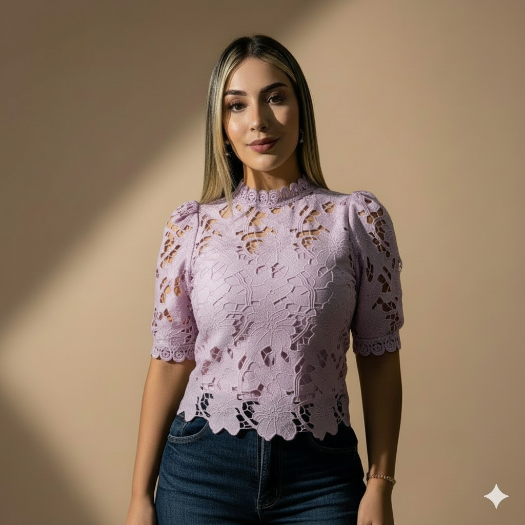 Blusa elegante de encaje para mujer con manga corta