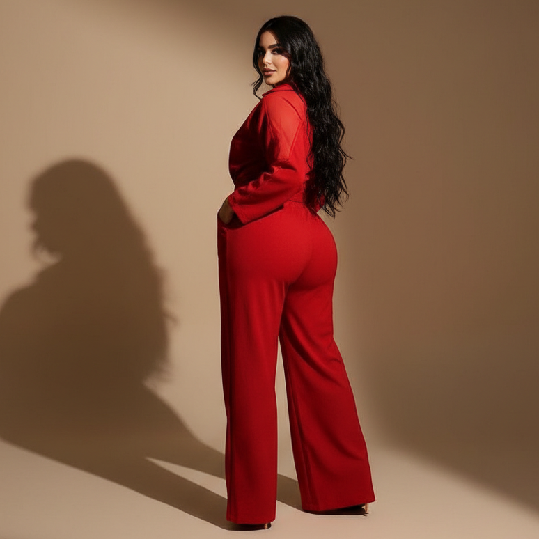 Enterizo palazzo para mujer con camisa manga larga y cinturón elegante