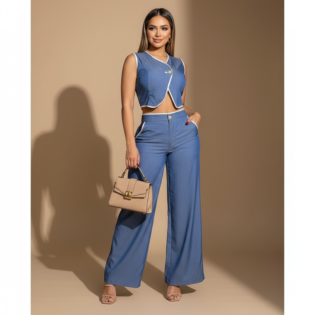 Conjunto femenino de pantalón amplio y top corto sin mangas con botones