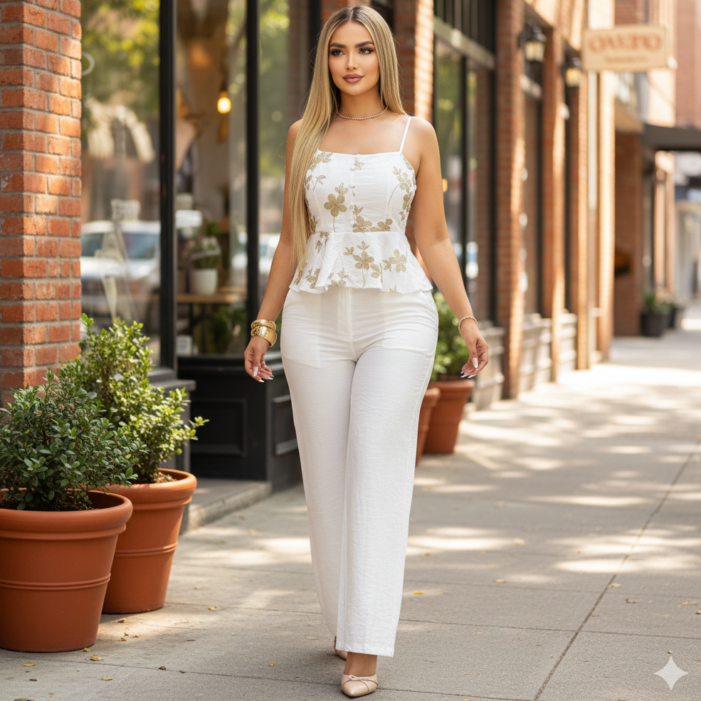 Conjunto elegante con top peplum y pantalón ancho