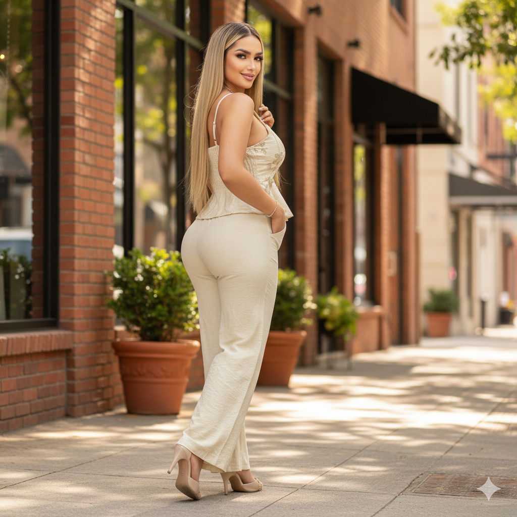 Conjunto elegante con top peplum y pantalón ancho