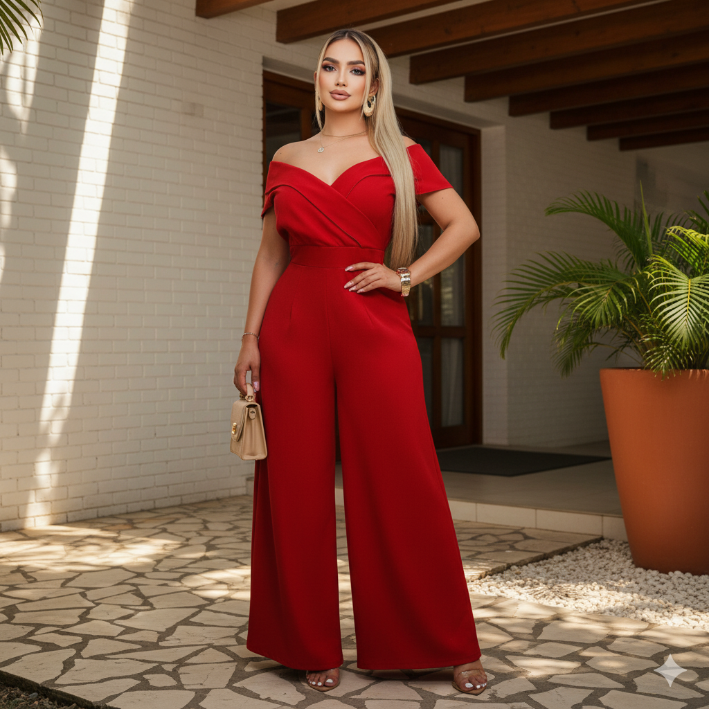 Enterizo elegante de mujer con escote cruzado y pantalón palazzo
