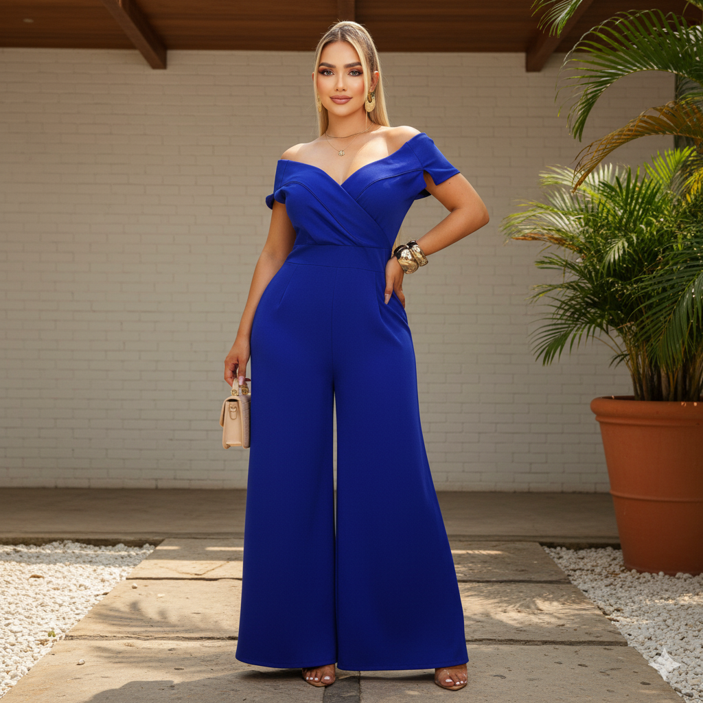 Enterizo elegante de mujer con escote cruzado y pantalón palazzo