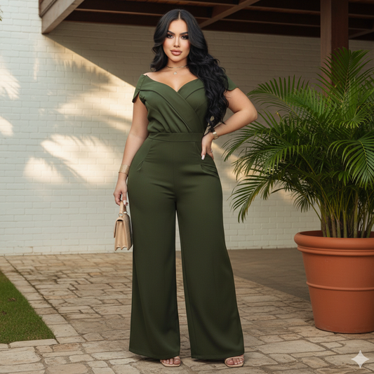 Enterizo elegante de mujer con escote cruzado y pantalón palazzo