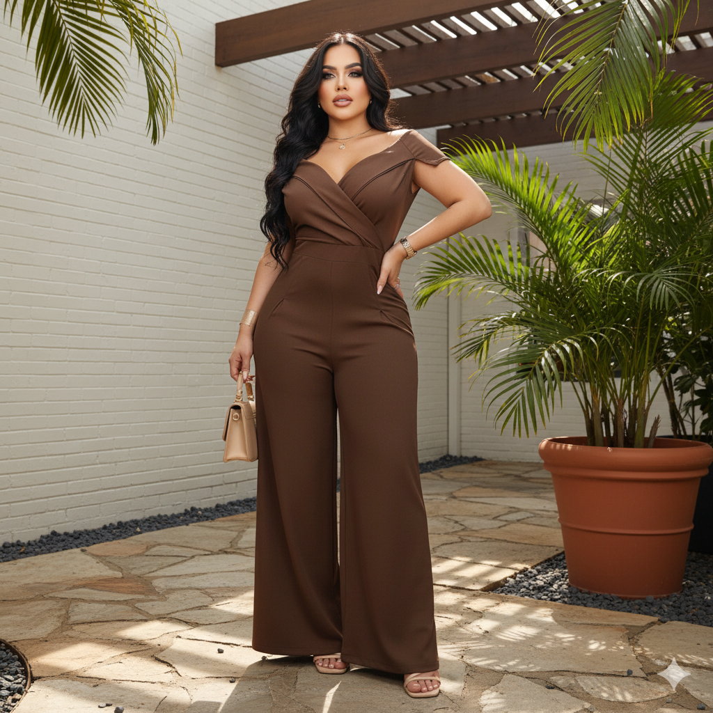 Enterizo elegante de mujer con escote cruzado y pantalón palazzo