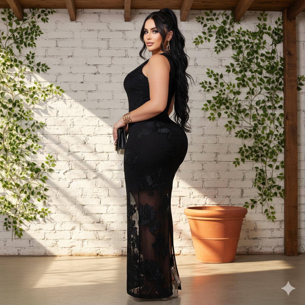 Vestido largo de mujer con transparencias y apliques florales,