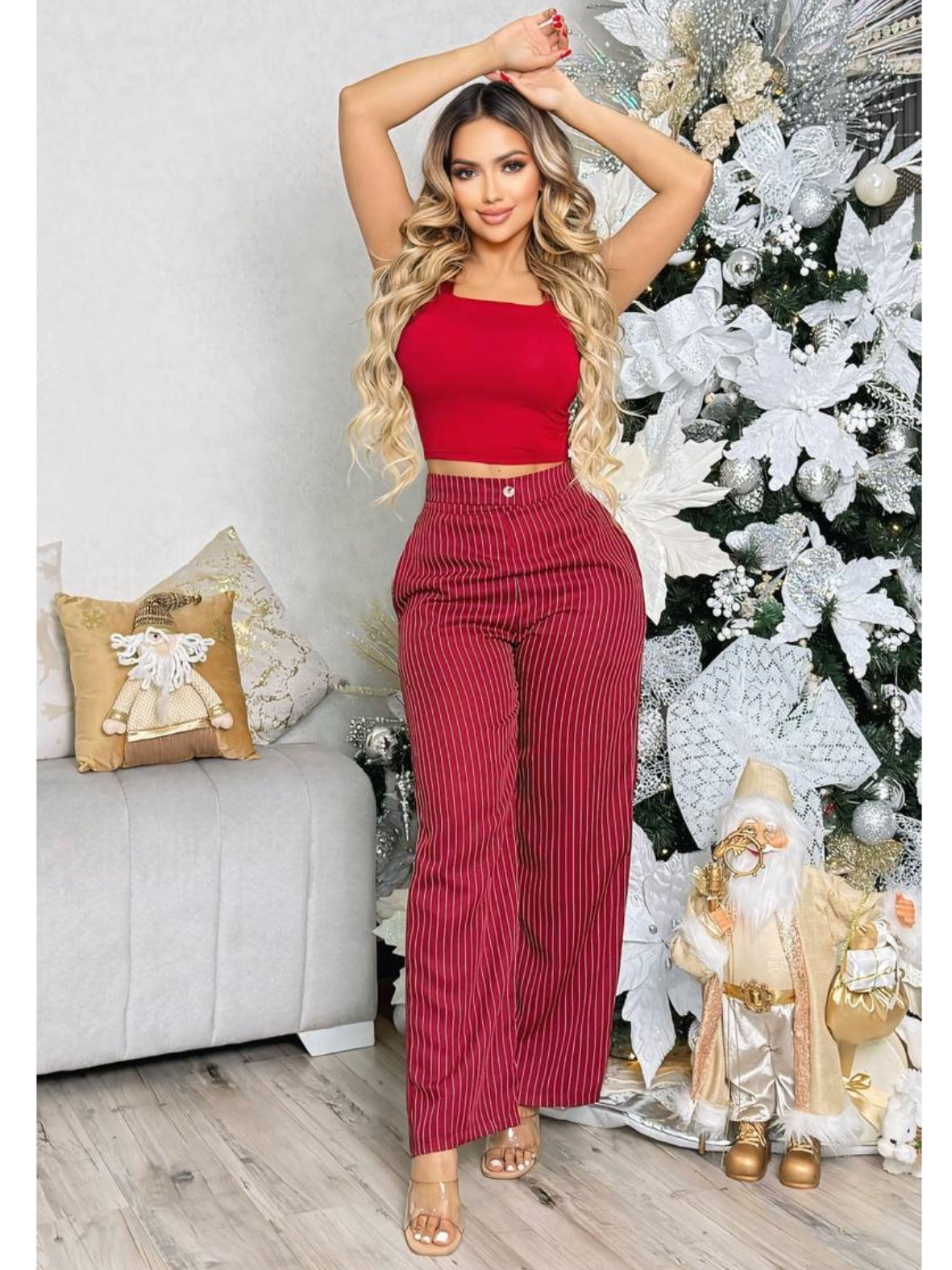 Conjunto pantalón tiro alto líneas blusa tiras unicolor