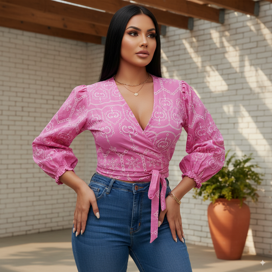 Blusa cruzada de ojalillo para mujer con mangas bombachas y amarre lateral