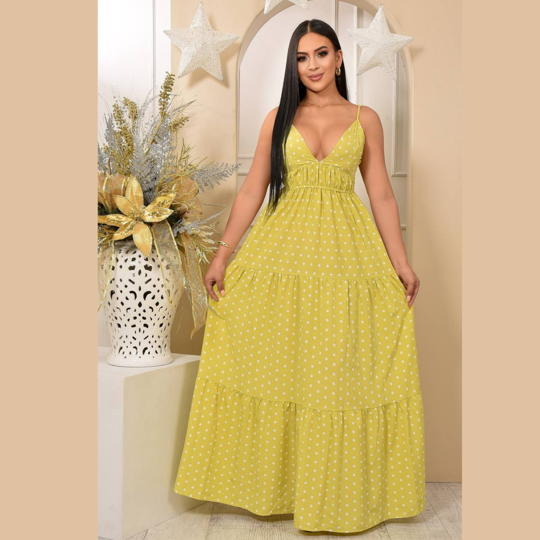 Vestido Largo con Escote en V y Estampado de Puntos