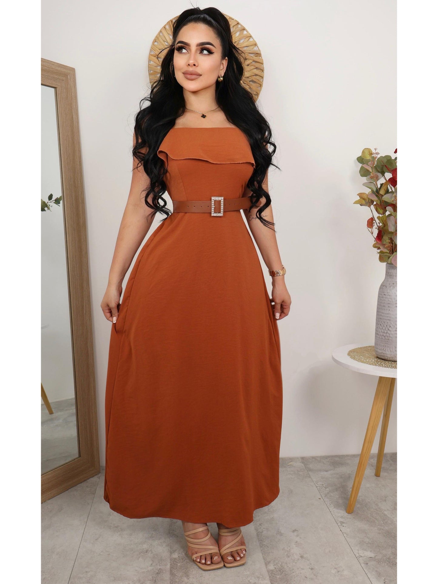 Vestido Largo Casual con Cinturón – Estilo Elegante sin Mangas