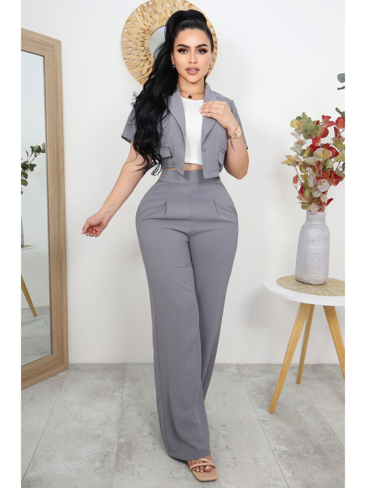 Conjunto Dama Ejecutivo Casual de Tres Piezas – Blazer Cropped,Blusa Básica Pantalón Palazzo