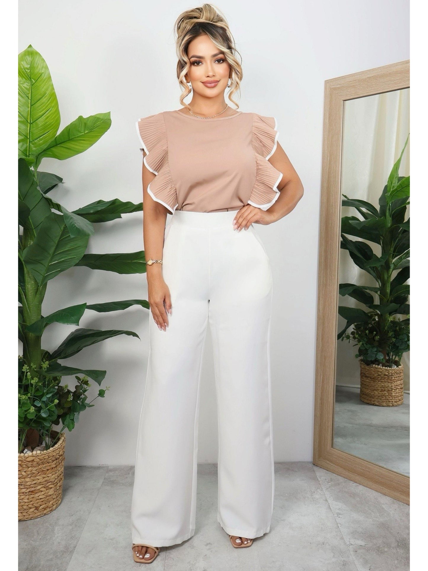 Conjunto Mujer Blusa Volantes y Pantalón Palazzo Elegancia Casual