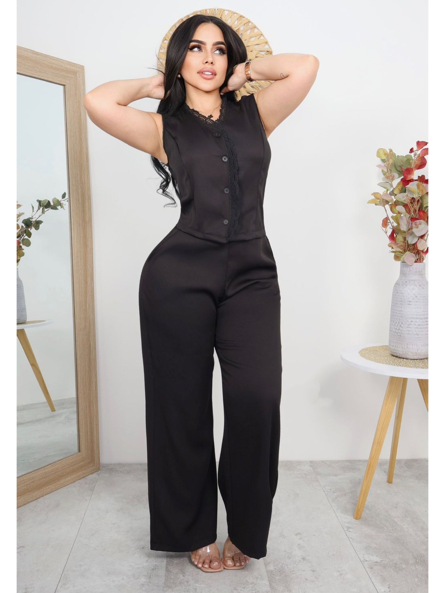 Conjunto Elegante de Dama sin Mangas – Blusa con Botones y Pantalón Palazzo