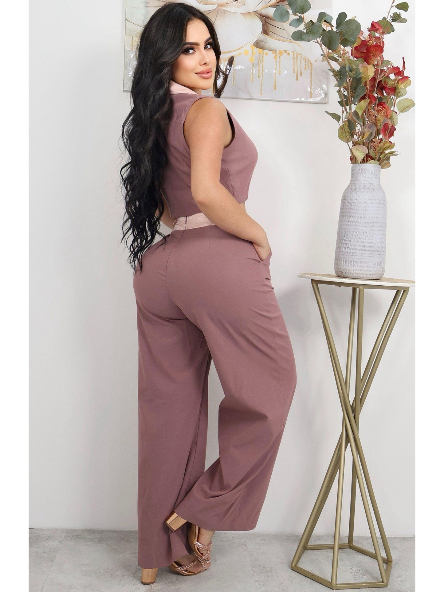 Conjunto Bicolor de 2 Piezas con Pantalón y Top sin Mangas