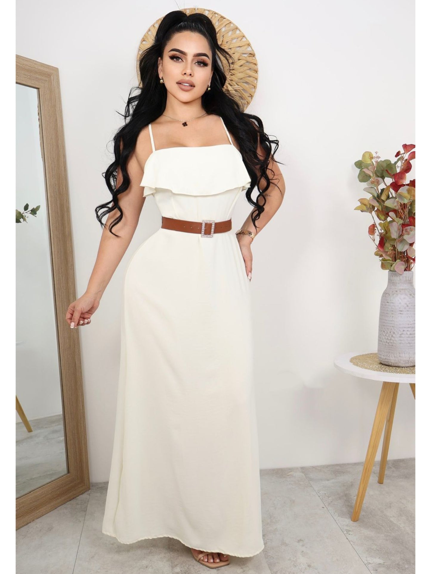Vestido Largo Casual con Cinturón – Estilo Elegante sin Mangas