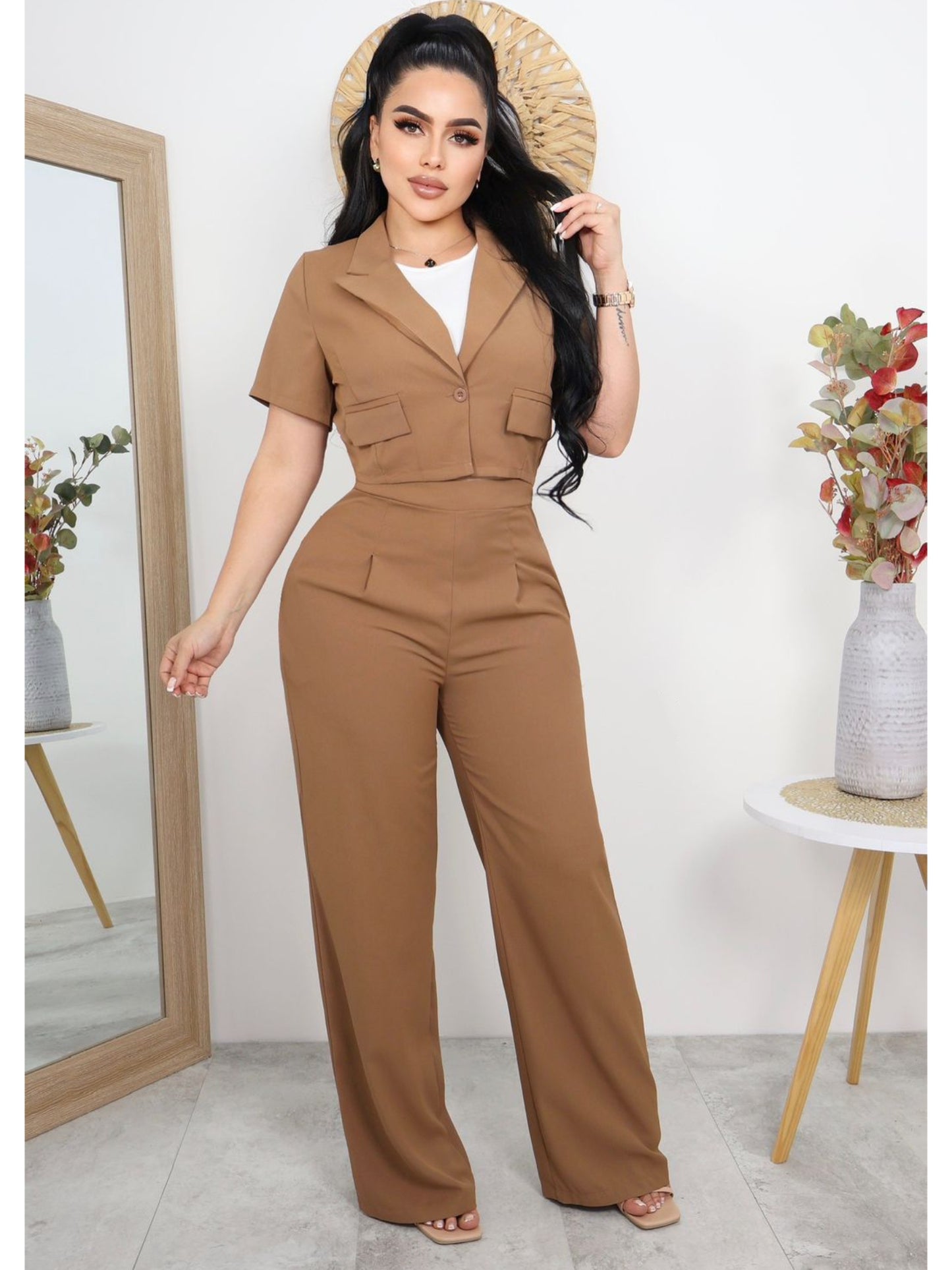 Conjunto Dama Ejecutivo Casual de Tres Piezas – Blazer Cropped,Blusa Básica Pantalón Palazzo