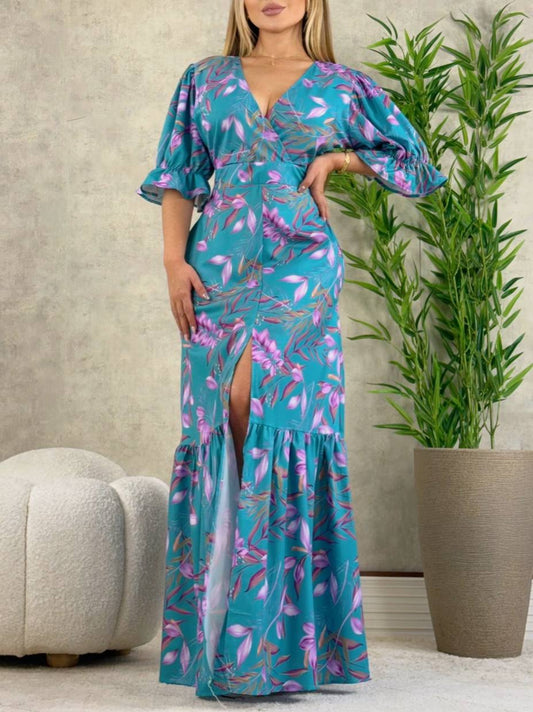Maxi vestido estampado con mangas tres cuartos y abertura en pierna