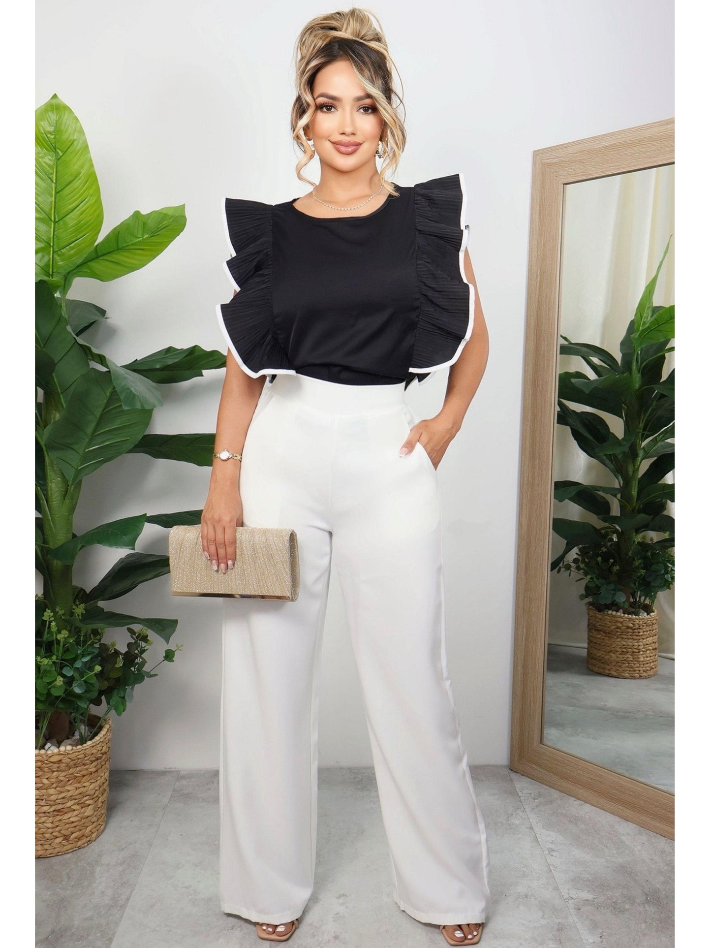 Conjunto Mujer Blusa Volantes y Pantalón Palazzo Elegancia Casual