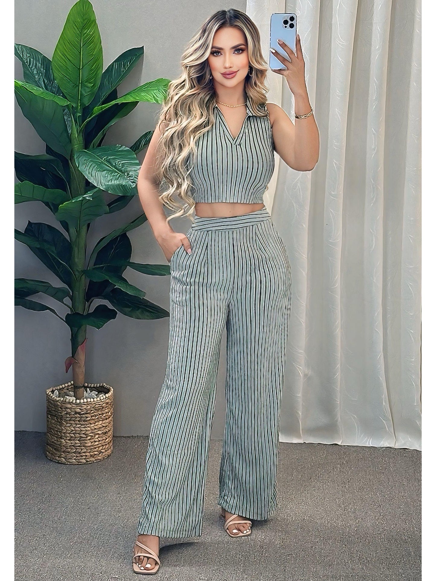 Conjunto elegante pantalón estampado raya