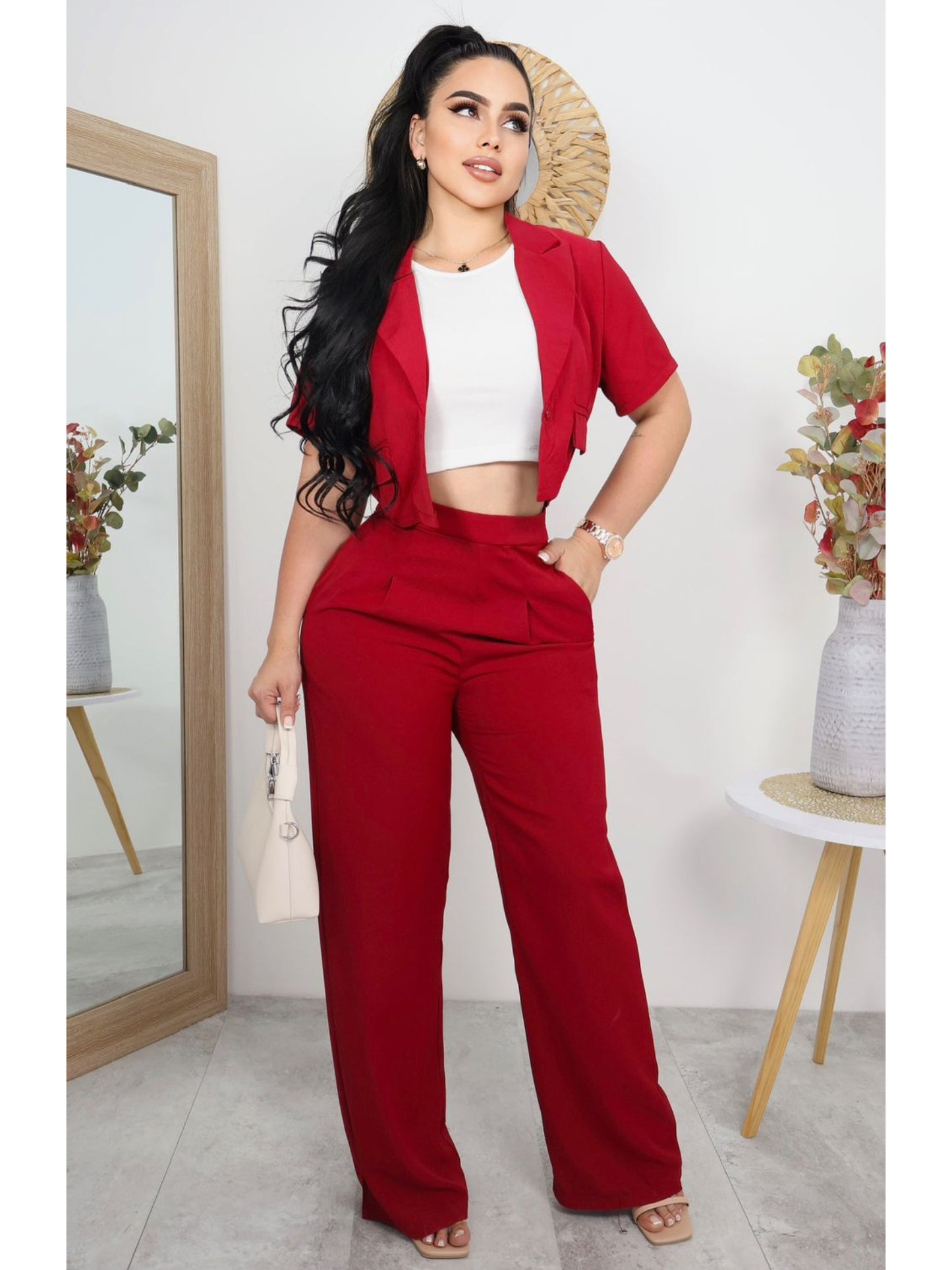 Conjunto Dama Ejecutivo Casual de Tres Piezas – Blazer Cropped,Blusa Básica Pantalón Palazzo