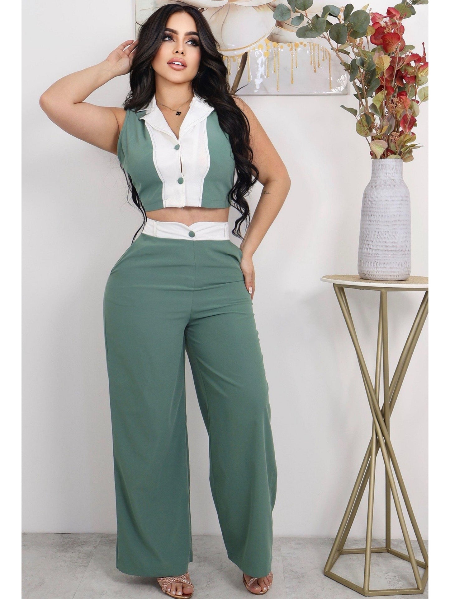 Conjunto Bicolor de 2 Piezas con Pantalón y Top sin Mangas