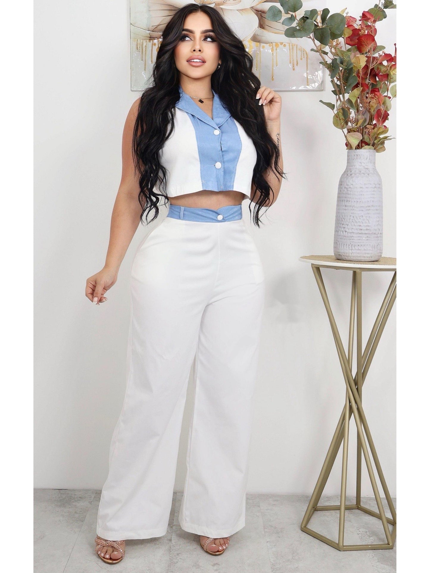 Conjunto Bicolor de 2 Piezas con Pantalón y Top sin Mangas