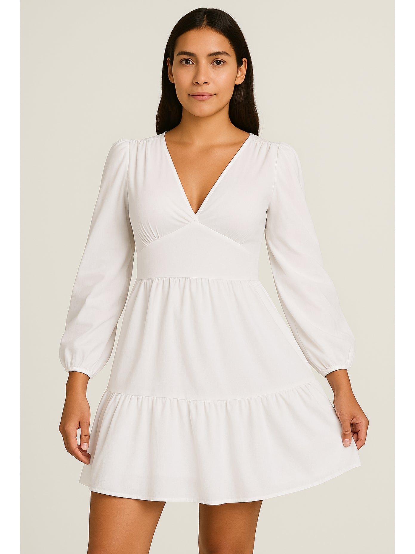 Vestido Blanco Casual de Manga Larga con Escote en V con Estilo Romántico