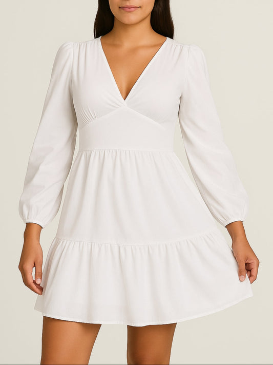 Vestido Blanco Casual de Manga Larga con Escote en V con Estilo Romántico