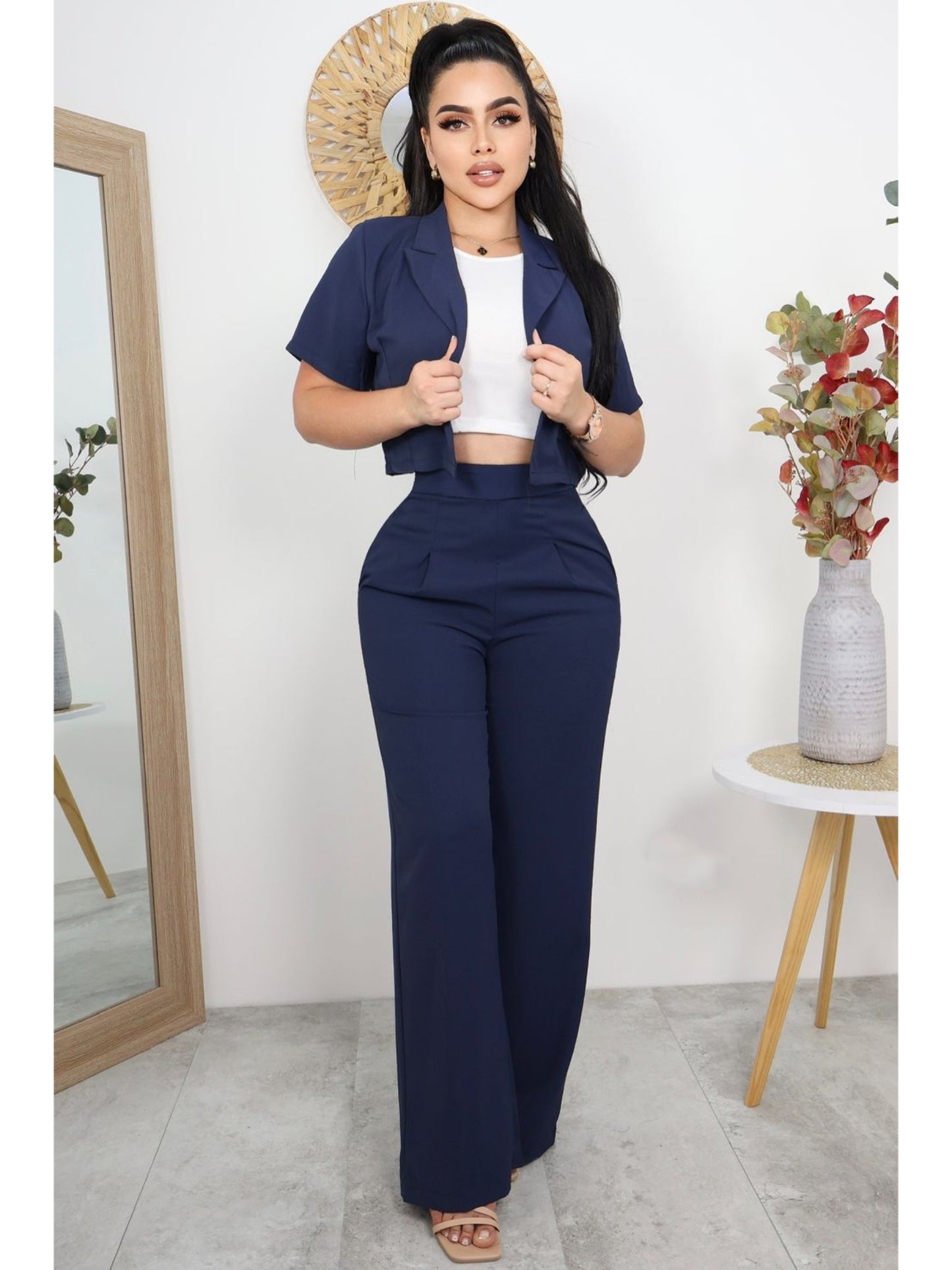 Conjunto Dama Ejecutivo Casual de Tres Piezas – Blazer Cropped,Blusa Básica Pantalón Palazzo