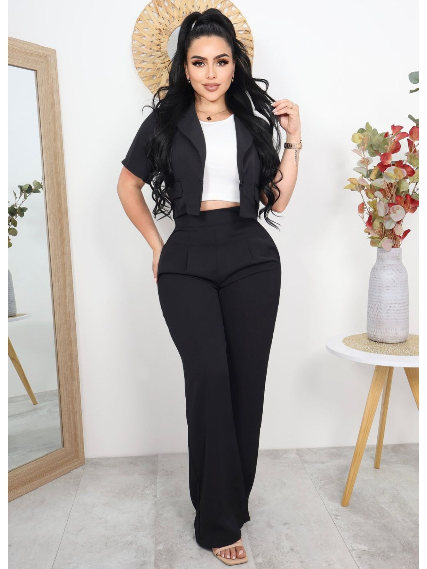 Conjunto Dama Ejecutivo Casual de Tres Piezas – Blazer Cropped,Blusa Básica Pantalón Palazzo