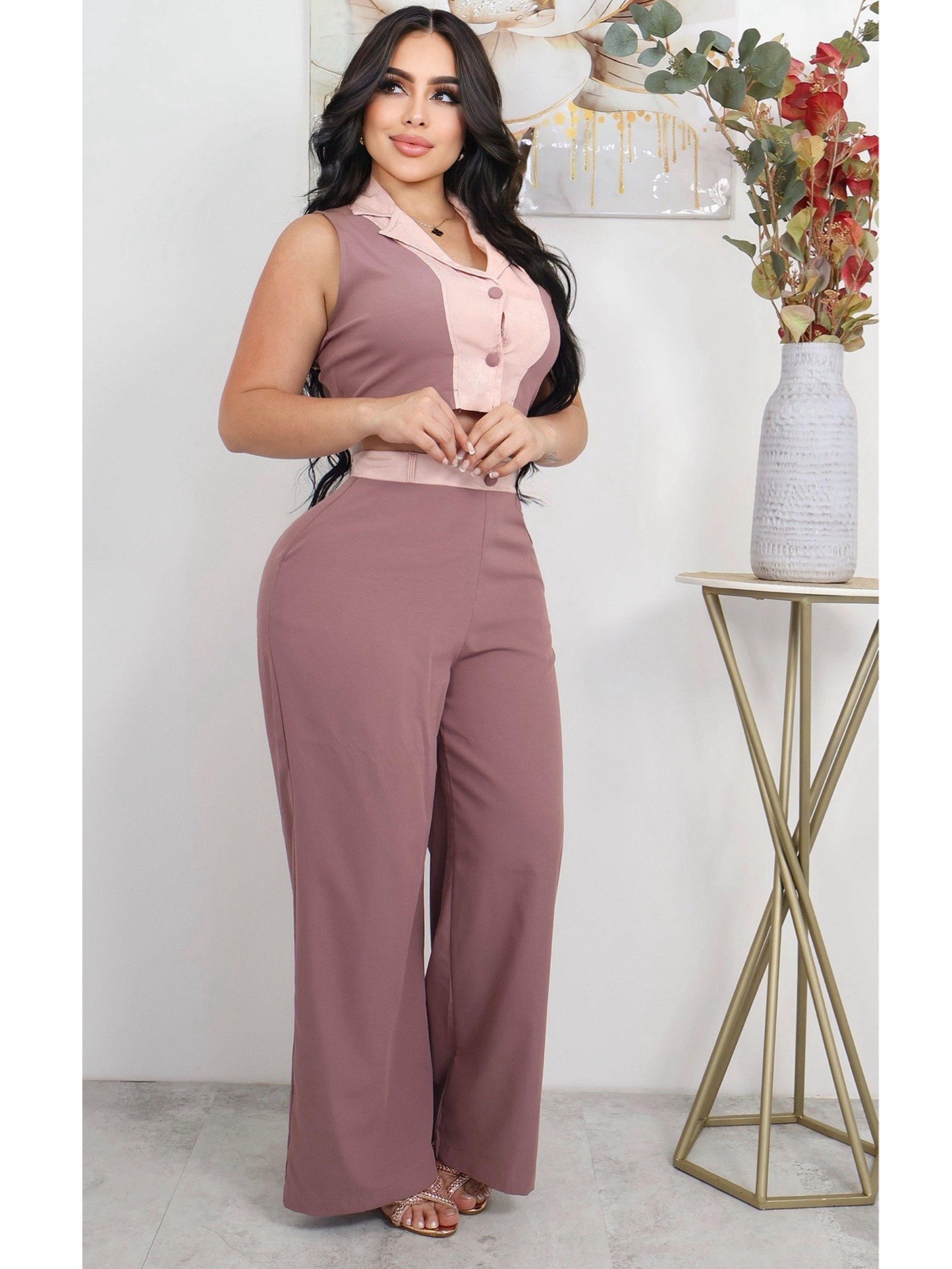 Conjunto Bicolor de 2 Piezas con Pantalón y Top sin Mangas