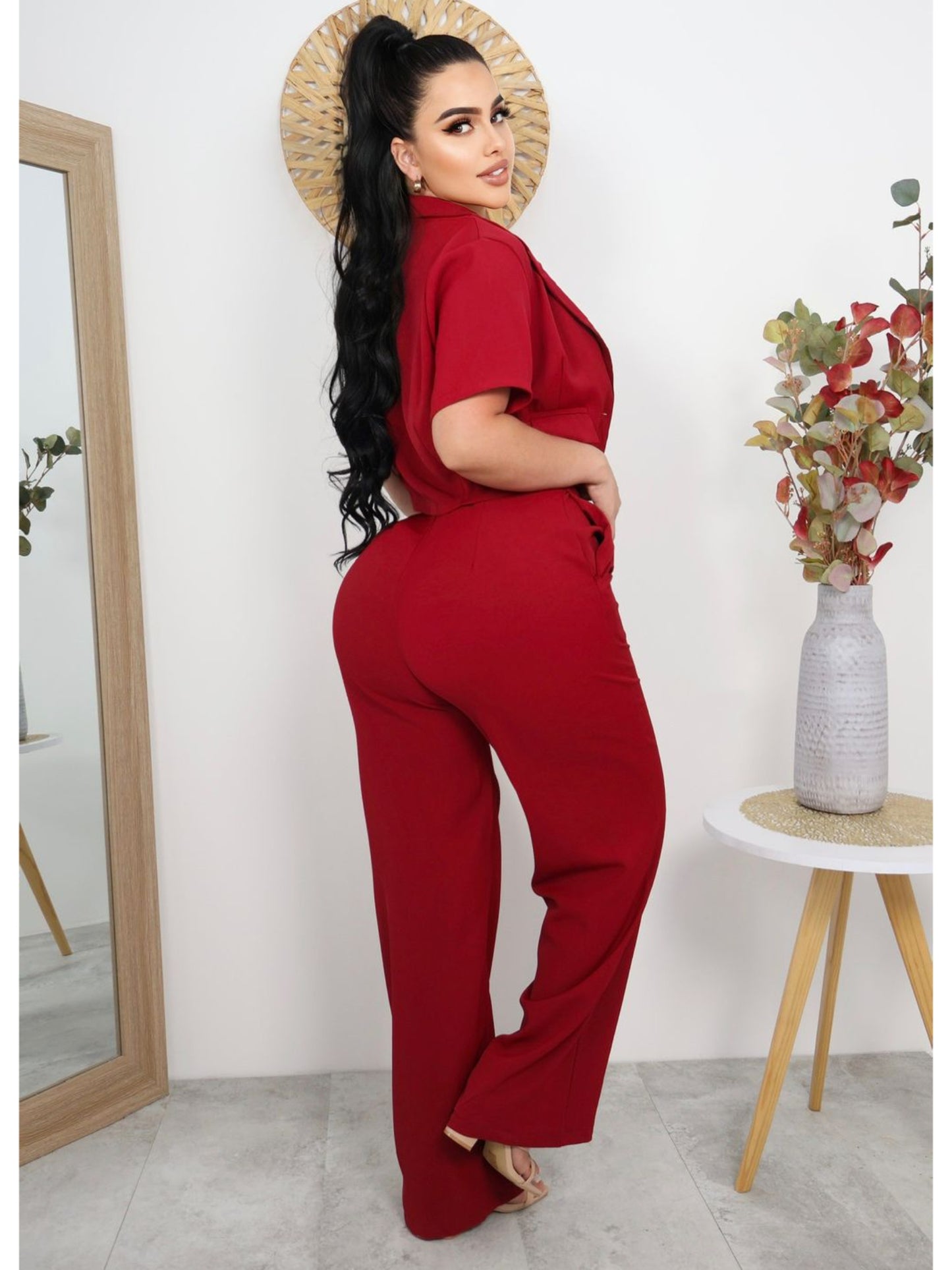 Conjunto Dama Ejecutivo Casual de Tres Piezas – Blazer Cropped,Blusa Básica Pantalón Palazzo
