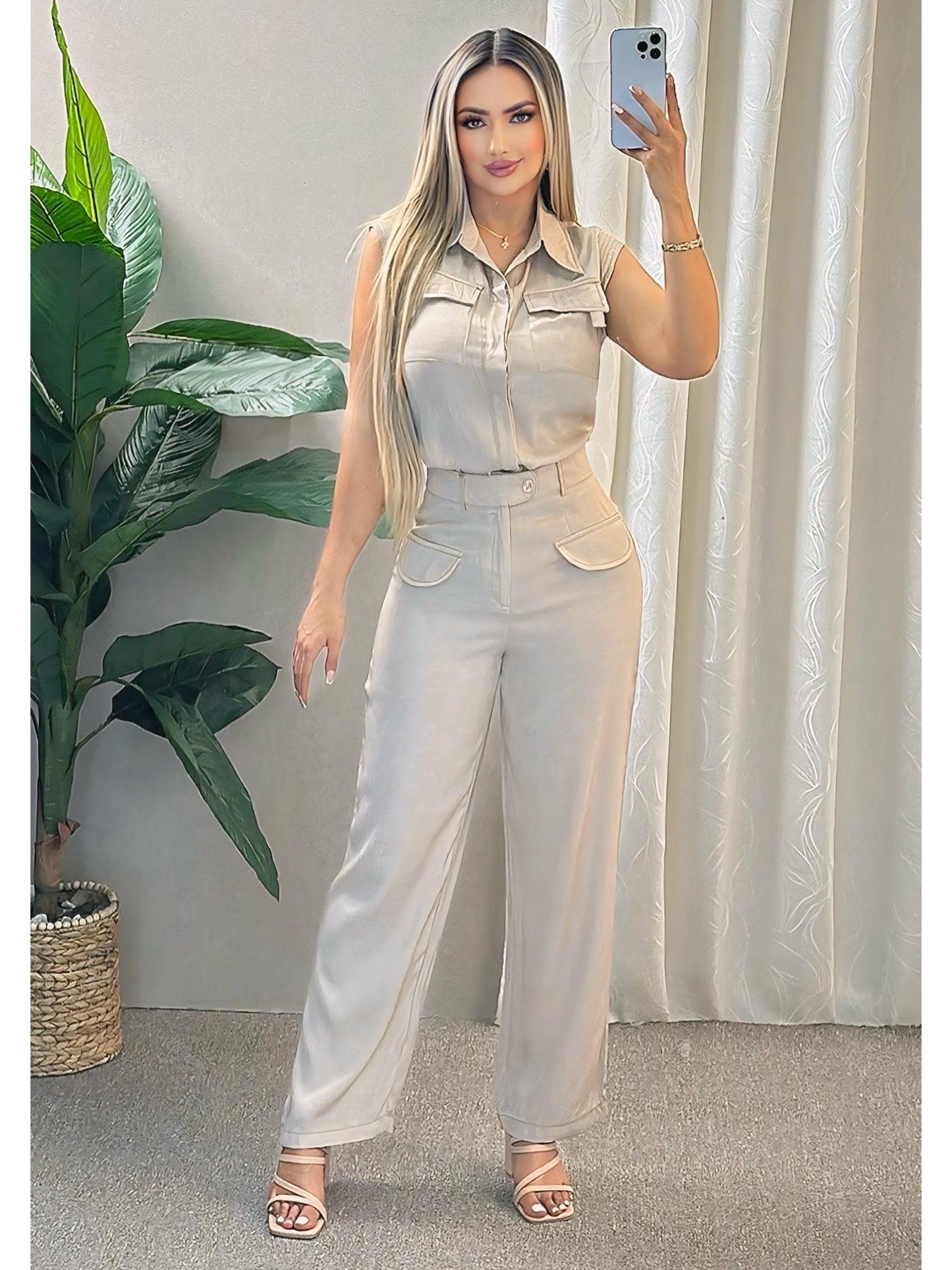 Conjunto pantalón chambray unicolor