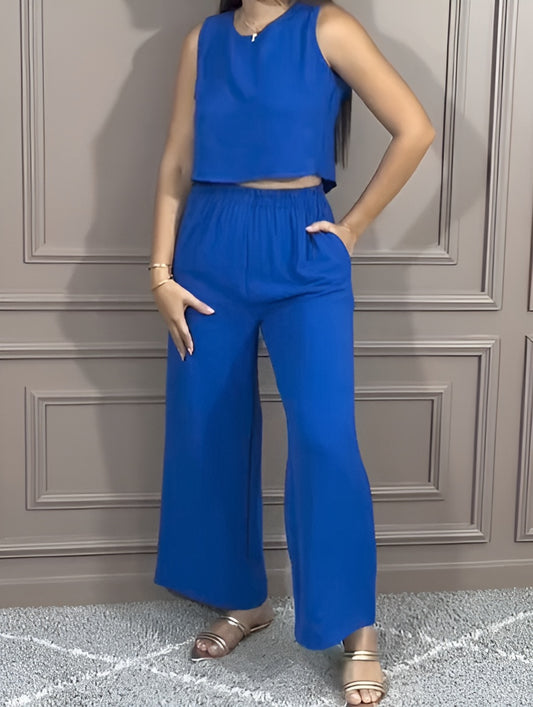 Conjunto pantalón Blusa escote espalda unicolor