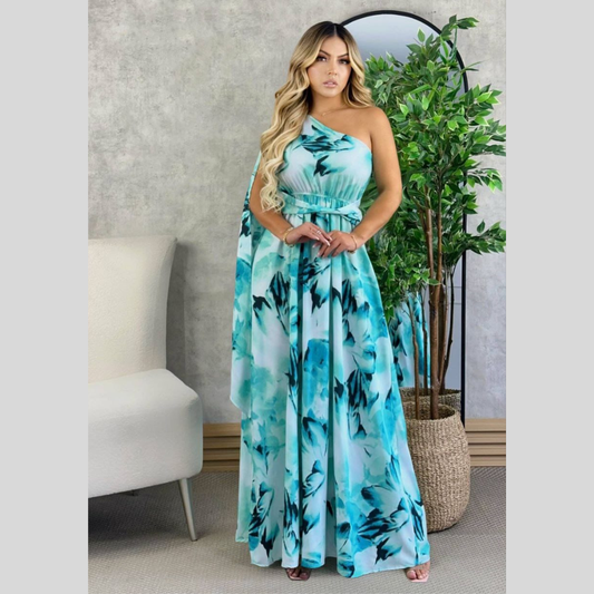 Vestido Largo Elegante de Un Hombro con Falda Fluida