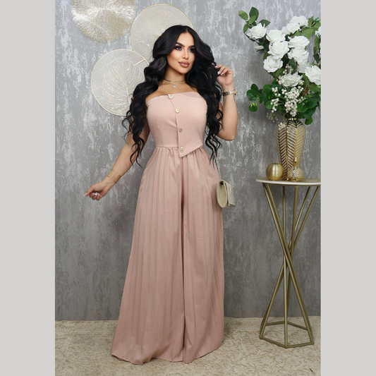 Jumpsuit strapless con botones decorativos y pantalón palazzo
